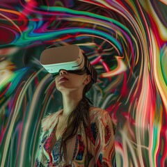 Poster - Young woman using VR headset, playing virtual game. Futuristic technology, digital innovation,