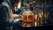 A chemist works in a lab with a large glass flask containing a glowing orange liquid.