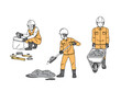 土木工事　瓦礫や泥を撤去する土木作業員の男性のイラスト