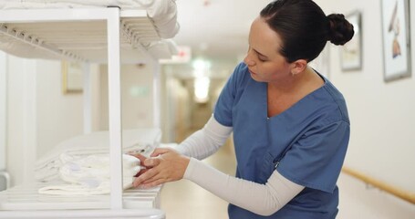 Poster - Nurse, inventory and woman in hospital for check stock, towels and diapers on shelf. Checklist, professional and female caregiver for counting, product and medical supplies in retirement home