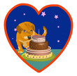 Heart shaped  icon with puppy  blowing out the candles on the cake with Happy birthday written on it. Vector illustration isolated on white.