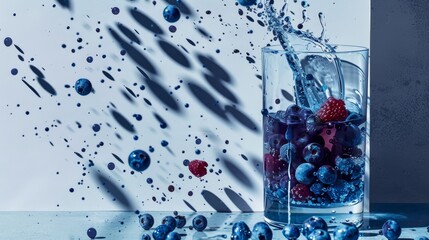 Wall Mural -   Blueberries and raspberries soaking in a glass of water with a mere splash on the side