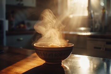 Wall Mural - A closeup of a steaming bowl of food placed on a table, illuminated by soft sunlight