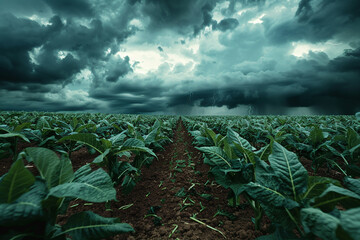 Close-up on tobacco crop with dark stormy sky illustrating unhealthy living and addiction source 