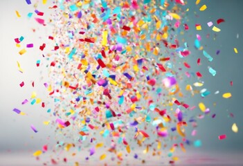 Wall Mural - 'appears mid-air festive transparent explosion colorful confetti suspended backdrop. A blue bright surprise congratulation party eve isolated year coloured streamer abstract many-colou'