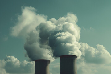 Clouds of steam billowing from the cooling towers of a thermal power plant, the visible breath of industrial energy production 