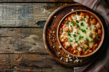 Canvas Print - A rustic bowl filled with hearty beans topped with melted cheese on a wooden table