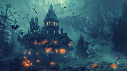 Horror halloween haunted house in creepy night forest