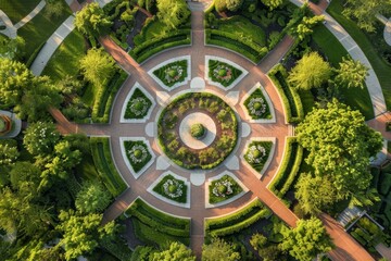 Wall Mural - A birds eye view of a symmetrical circular garden located in the heart of a park, showcasing the gardens design and layout