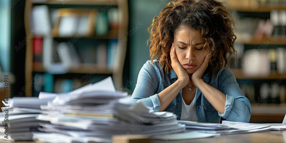 Stressed young woman at office desk surrounded by piles of paperwork ...