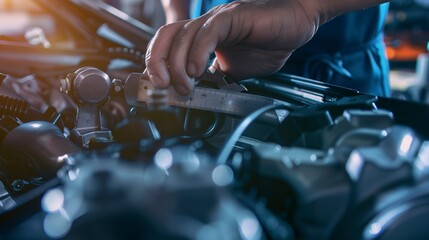 Poster - Auto parts quality check with micrometer, close view of hands and tool, metallic textures, focused light
