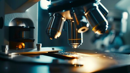 Poster - Quality control in electronics, inspecting solder joints with a microscope, close-up, sharp focus, controlled light. 