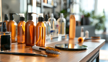 Organizers with different hair sprays and brushes on table in beauty salon