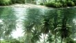  Tropical scenery depicted with palms upfront and water backdrop