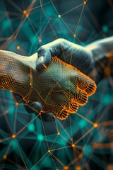 Wall Mural - Glowing avatars exchange digital handshake over network of linked cryptocurrency symbols
