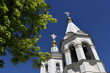 Domes of the Orthodox church with a cross and chestnuts against the blue sky. Christian temple in spring