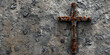 Gray cross on a concrete wall christian illustration, Christian cross painted with red blood on solid white stone background. 