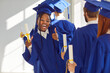 High school or college graduation, a black graduate in a gown, mortarboard. Surrounded by students, displays diploma, with a smile and giving a thumbs up, symbolizing the triumph of academic journey.