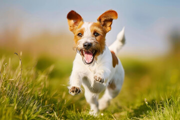 Canvas Print - Small Brown and White Dog Running in Field