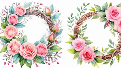 Wall Mural - Wreaths, floral frames, watercolor flowers pink roses, Illustration hand painted. Isolated on white background. Perfectly for greeting card design.