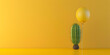 Yellow balloon and Cactus in the garden minimal yellow banner, Yellow balloon and cactus on white background. 