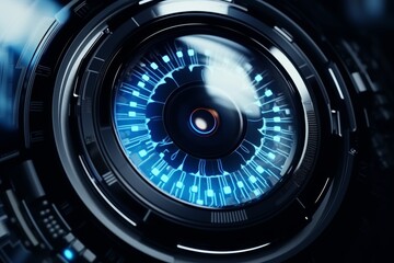 Poster - Cybernetic vision of hacker or ai robot eye in dark tech space, close up on digital background