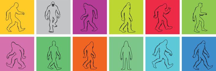 Wall Mural - Bigfoot line illustration mythical creature, line art vector set, colorful backgrounds. Perfect for cryptozoology enthusiasts, folklore themed designs