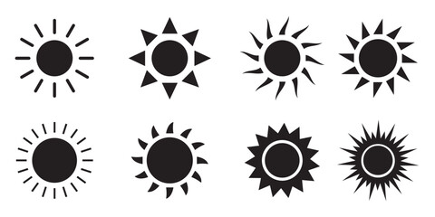 Sun icon set, Sun symbol vector, black suns star icons collection. Summer, sunlight, nature, sky sunset