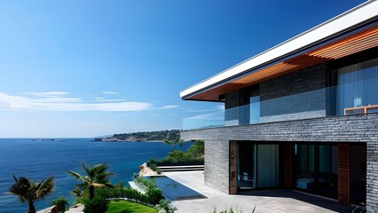 Wall Mural -  Modern house exterior with sea ocean view