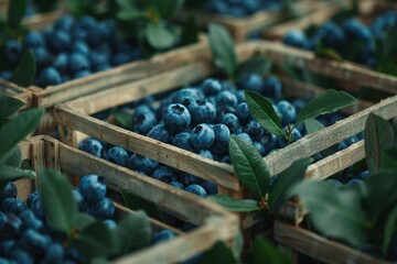 Wall Mural - Fresh blueberries in wooden baskets at farm warehouse with greenery, embracing farm to table concept