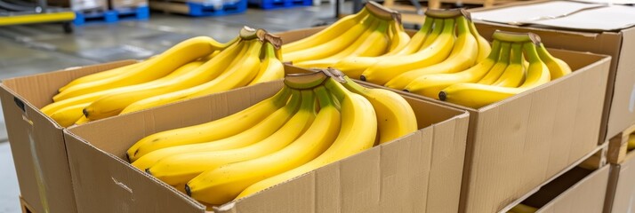 Wall Mural - Ripe organic bananas in wooden crates at warehouse with copy space on blurred background