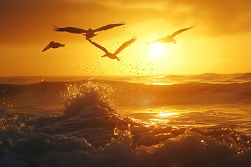 Wall Mural - Sunrise Sunset Sun Sunny Ocean. A golden sunrise that could also be a sunset over the ocean with pelicans flying by. .