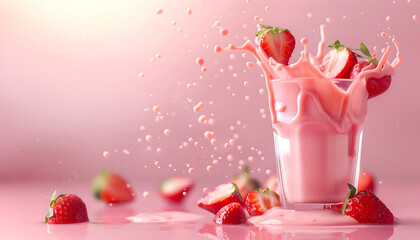 Wall Mural - Creative food template. Topping fruit strawberry strawberries splashing dropping onto glass of milk milkshake yoghurt smoothie with liquid droplet splash on pink background. copy text space	
