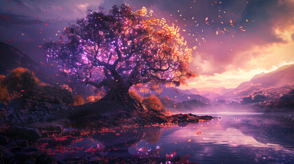 Wall Mural - A magical tree of life with glowing leaves standing on the edge of an enchanted lake