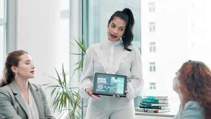 Poster - data, tablet for artificial intelligence presentation and business people in boardroom of office tog