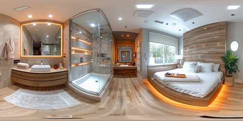 Poster - An immersive 360-degree equirectangular panorama of a luxurious bathroom in a modern house, with LED strips embedded in the mirror