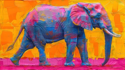 Wall Mural -   Elephant painting with yellow-pink background & pink strip at bottom