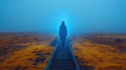   A person standing on a train track in a field with a blue sky in the background is the image provided