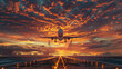 Commercial Airplane Taking Off from Runway Against Dramatic Fiery Sunset Sky