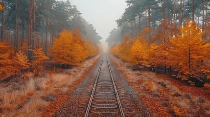 Poster -   Train track amidst foggy forest with yellow tree-lined sides