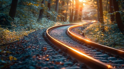 Poster -   A train track in a forest, illuminated by sunlight filtering through the canopy above