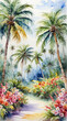 Tropical coconut palm trees surrounded by beautiful flowers blossom on both side of walkway, vertical watercolor painting style, generative AI.