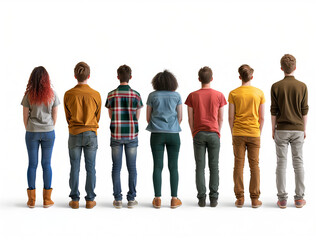 Diverse group of young people standing in line, viewed from behind against a white background
