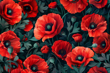 Wall Mural - Pattern with poppy flowers. Vibrant blooming red flowers and green leaves. Natural background