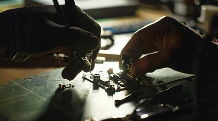 Canvas Print - Close-up of a workerâ€™s hands assembling electronic components, precise focus, bright light. 