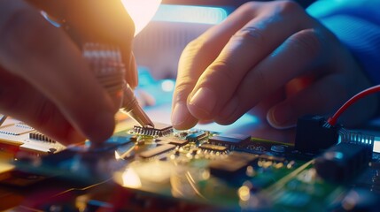Poster - Close-up of a workerâ€™s hands assembling electronic components, precise focus, bright light. 
