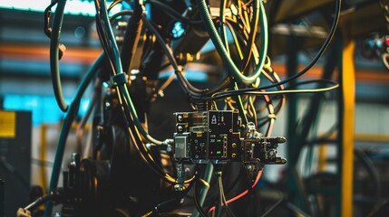 Canvas Print - Close-up of robot sensors at work in a factory, clear focus on intricate wiring, ambient lighting. 