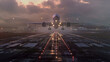 Majestic Commercial Airplane Ascending During Early Morning with Misty Dawn Light Reflecting on Runway