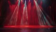 © DruZhi Art - A dramatic red-lit stage with spotlights and a curtain backdrop, creating a theatrical environment suitable for shows or presentations in a luxurious setting