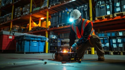 technician vest and hard hat, holding a flashlight while kneeling down to work underneath the loading dock inside a big warehouse. In front are a tool box and other instruments used for maintenance.